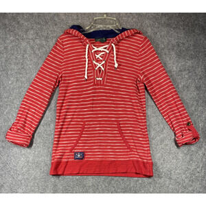 Lauren Jeans Co Hoodie Womens XS Red White Stripe Lace Up Nautical Pullover Top